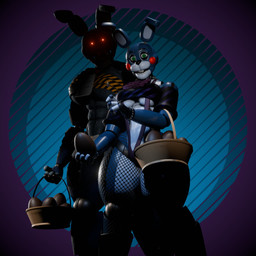 4_fingers abs anthro bare_shoulders basket big_breasts black_bottomwear black_clothing black_fingerless_gloves black_gloves black_handwear black_shorts blue_body bottomwear bracelet breast_size_difference breasts buckteeth candy chest_wraps chocolate chocolate_egg clothed clothing collar container crossgender dessert duo easter_egg egg eyelashes female fingerless_gloves fingers fishnet_clothing fishnet_leggings fishnet_legwear food glistening glistening_body gloves glowing glowing_eyes green_eyes handwear holding_basket holding_container holding_easter_egg holding_egg holding_object holidays hotpants jewelry larger_anthro larger_female leggings legwear looking_at_viewer machine mtf_crossgender off_shoulder pattern_clothing pattern_shirt pattern_topwear purple_eyelids red_eyes shirt shorts size_difference smaller_anthro smaller_female smile smiling_at_viewer soft_abs spiked_bracelet spiked_collar spikes striped_clothing striped_shirt striped_topwear stripes teeth text thick_thighs topwear under_boob wide_hips wraps atumalaca atumalaca_(modeler) easter five_nights_at_freddy's five_nights_at_freddy's_2 scottgames toy_bonnie_(fnaf) withered_bonnie_(fnaf) animatronic lagomorph leporid mammal rabbit robot robot_anthro 2025 3d_(artwork) digital_media_(artwork) english_text hi_res