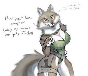 anthro black_nose breasts brown_body brown_fur clothed clothing fangs female fluffy fluffy_tail fur gesture grey_body grey_fur hand_gesture hand_on_hip knife looking_at_viewer multicolored_body multicolored_fur open_mouth pointing solo tail teeth text thought_bubble yellow_eyes schmutzo protasia canid canine canis mammal wolf 2021 english_text hi_res portrait three-quarter_portrait