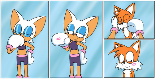 age_difference anthro boxing boxing_gloves clothing duo female handwear kiss_mark lipstick makeup male male/female older_female pink_lipstick sport younger_male toonboy1029 sega sonic_the_hedgehog_(series) miles_prower rouge_the_bat bat canid canine fox mammal hi_res
