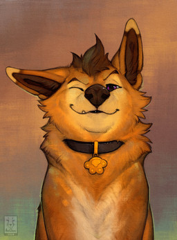 brown_body brown_fur collar feral front_view fur inner_ear_fluff looking_at_viewer one_eye_closed purple_eyes smile solo tuft anchee fluffy_bean_(character) canid canine mammal 2026 digital_drawing_(artwork) digital_media_(artwork) hi_res