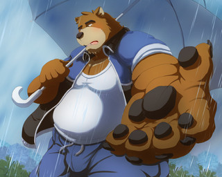 anthro blue_bottomwear blue_clothing blue_jacket blue_outerwear blue_pants blue_topwear bottomwear brown_body brown_fur clothed clothing countershade_snout countershading detailed_background foreshortening fully_clothed fur grey_pawpads jacket male multicolored_body multicolored_fur overweight pants pawpads raining shirt snout solo tan_body tan_countershading tan_fur topwear two_tone_body two_tone_fur umbrella white_clothing white_shirt white_topwear wo morenatsu juuichi_mikazuki bear black_bear mammal moon_bear ursine 2025 5:4 hi_res
