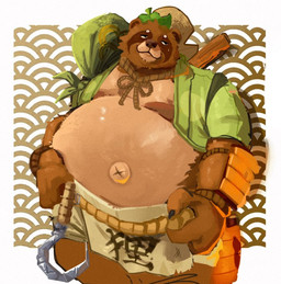 anthro apron belly big_belly brown_body brown_fur clothing fur humanoid_hands leaf looking_at_viewer male moobs overweight overweight_male smile solo standing weapon dybo blizzard_entertainment overwatch roadhog_(overwatch) tanuki_roadhog canid canine mammal raccoon_dog tanuki 2025
