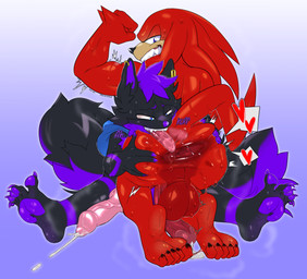 abstract_background anal animal_genitalia animal_penis anthro backsack balls big_balls big_penis black_body black_fur blue_eyes bodily_fluids butt canine_genitalia canine_penis cum cumshot curling_toes duo ear_piercing ear_ring ejaculation faux_gaping feet flexing flexing_bicep fluffy fluffy_tail fur genital_fluids genital_raphe genitals heart_symbol humanoid_feet kneeling leaking_cum male male/male musk nude oral pawpads penis perineal_raphe perineum piercing plantigrade purple_body purple_eyes purple_fur purple_pawpads raphe_(anatomy) rear_view red_body rimming ring_piercing scrotal_raphe sex sitting sitting_on_ground smile soles spread_butt spread_toes spreading tail teeth toes tongue tongue_out vein veiny_penis iamnotmetal sega sonic_the_hedgehog_(series) knuckles_the_echidna verne_nicolaio canid canine canis echidna mammal monotreme wolf 2025 absurd_res hi_res
