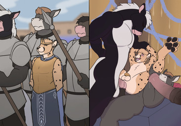 4_toes anal anal_penetration animal_genitalia animal_penis anthro anthro_on_anthro anthro_penetrated anthro_penetrating anthro_penetrating_anthro arm_grab armor balls biped black_pawpads blurred_background bodily_fluids breastplate cape chastity_cage chastity_cage_only chastity_device chastity_device_only chest_tuft clothed clothed_anthro clothed_male clothing crown detailed_background disembodied_penis double_anal double_penetration equine_genitalia equine_penis erection eyes_closed feet fur genital_fluids genitals gold_(metal) gold_chastity_cage gold_chastity_device group group_sex headgear heart_eyes heart_symbol holding_melee_weapon holding_object holding_polearm holding_spear holding_weapon leg_grab legs_up looking_pleasured lying male male/male male_anthro male_penetrated male_penetrating male_penetrating_male mane markings melee_weapon nude nude_anthro nude_male on_back open_mouth pawpads paws penetration penile penile_penetration penis penis_in_ass polearm precum precum_string royalty sex solid_chastity_cage spear spots spotted_body spotted_fur spread_legs spreading standing sweat sweatdrop toes tongue tuft two_doms_one_sub two_panel_image weapon wearing_chastity_cage wearing_chastity_device riotraccoon cheetah equid equine felid feline horse mammal 2024 hi_res