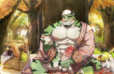 abs alcohol anthro asian_clothing baguette balls barazoku barbell_piercing basket beverage blush bread censor_bar censored_genitalia censored_penis claws clothing container drunk east_asian_clothing finger_claws floral_pattern food forest fruit fur genitals grape green_body green_fur hair inviting_to_sex inviting_viewer japanese_clothing kimono looking_at_viewer male multicolored_body multicolored_fur nipple_barbell nipple_piercing nipples picnic_basket picnic_blanket piercing pink_clothing pink_topwear plant pubes sake_bottle sitting sitting_on_ground solo striped_body striped_fur stripes substance_intoxication tail topwear tree undressing white_body white_fur white_hair wine wine_bottle tamainu geo_(gtiger) felid mammal pantherine tiger 2022 censored hi_res