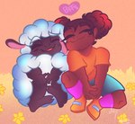 anthro boots bottomwear clothing duo eyes_closed female flower footwear male plant shirt shoes shorts sitting smile socks t-shirt topwear montydrawz amanda_the_adventurer amanda_(amanda_the_adventurer) wooly_(amanda_the_adventurer) bovid caprine domestic_sheep human mammal sheep