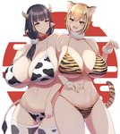 animal_print animal_print_bikini big_breasts bikini blonde_hair breast_size_difference breasts cleavage clothed clothing cow_print cow_print_bikini duo female hair hucow huge_breasts legwear pattern_bikini pattern_clothing pattern_swimwear skimpy swimwear thigh_highs two-piece_swimsuit under_boob yukage animal_humanoid bovid bovid_humanoid bovine bovine_humanoid cattle_humanoid felid felid_humanoid humanoid mammal mammal_humanoid pantherine pantherine_humanoid tiger_humanoid