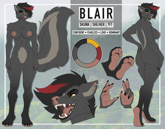 abs anthro black_body black_fur breasts butt claws ear_piercing ear_ring fangs feet female fluffy fluffy_tail front_view fur highlights_(coloring) multiple_angles muscular muscular_anthro muscular_female nipples nude open_mouth pawpads paws piercing pose rear_view ring_piercing sharp_teeth smile soles solo tail teeth text cactuskiss mammal mephitid skunk english_text hi_res model_sheet