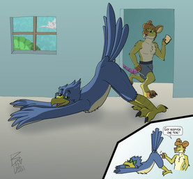 anthro beak blue_body blue_feathers bottomwear bread brown_body brown_fur buckteeth chest_tuft clothed clothing dialogue digitigrade duo feathers feet food fur green_eyes green_sclera half-closed_eyes male male/male narrowed_eyes notched_ear nude partially_clothed poking presenting stretching tail tail_feathers talons tan_body tan_feathers teeth text toast toes tuft winged_arms wings yellow_body yellow_fur birbdrain avian bird mammal murid murine rat rodent absurd_res cel_shading digital_media_(artwork) english_text hi_res shaded