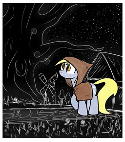 black_sky blonde_mane border brown_cloak brown_clothing building clear_sky cloak closed_smile clothed clothed_female clothed_feral clothing cutie_mark derp_eyes female female_feral feral grass hood_up hooded_cloak house light long_tail mane mouth_closed night outside plant quadruped sky smile solo standing star starry_sky stone_path tail tree white_border windmill yellow_eyes yellow_tail cookieboy011 friendship_is_magic hasbro my_little_pony derpy_hooves_(mlp) earth_pony equid equine horse mammal pony 2019 colored digital_drawing_(artwork) digital_media_(artwork) english_description lighting shaded