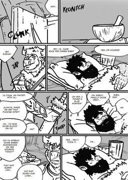 anthro bed clothed clothing dialogue duo facial_scar furniture hairy male melee_weapon muscular muscular_male on_bed profanity scar sword text weapon wounded husky92 european_mythology greek_mythology mythology bovid bovine humanoid mammal minotaur orc comic english_text hi_res monochrome multiple_scenes