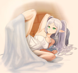 bed bedding blanket bottom_heavy breasts clothing eyelashes female furniture green_eyes grey_hair hair hand_behind_head humanoid_pointy_ears looking_at_viewer lying nightgown on_bed on_side open_mouth pigtails pointy_ears raised_leg small_breasts solo tan_body tan_skin thick_thighs white_clothing wide_hips conditional_dnp jaynatorburudragon frieren_beyond_journey's_end frieren elf humanoid absurd_res hi_res
