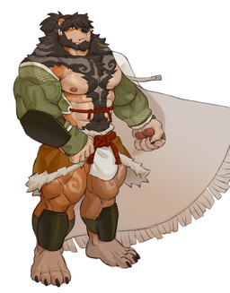 5_fingers anthro arm_markings armpit_hair armwear asian_clothing ball_tuft bangs barazoku beard belt black_body black_fur black_hair body_hair brown_body brown_fur cape chest_hair chest_markings chest_tuft claws clothing deltoids ear_piercing ear_ring east_asian_clothing elbow_gloves facial_hair finger_claws fingers fist fundoshi fur gloves green_clothing green_topwear hair hair_over_eye handwear happy_trail japanese_clothing leg_markings male markings multicolored_body multicolored_fur muscular muscular_anthro muscular_male ofuda one_eye_obstructed pawpads piercing ring_piercing rope rope_belt shin_guards shoulder_markings solo swirl_pattern talisman tan_body tan_fur toe_claws topwear triceps tuft underwear vein veiny_muscles imato axazu_(suzushinako) bear mammal ursine 2022 absurd_res hi_res