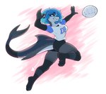 anthro ball blue_eyes blue_hair bottomwear breasts butt clothing collarbone eyebrows eyelashes feet female footwear grey_body hair short_hair shorts solo sport toeless_footwear volleyball volleyball_(ball) ambris erika_(ambris) fish marine shark 2023 hi_res