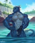 2017 abs akuro anthro arms_bent balls biceps big_biceps big_muscles big_pecs big_tail biped black_penis blue_body blue_scales blue_skin blue_tail claws cloud countershading detailed_background dragon erection eyewear front_view genitals glasses hair hand_on_hip hand_on_own_hip hand_on_penis hi_res holding_hips horn huge_muscles huge_tail humanoid_genitalia humanoid_penis island legs_in_water long_tail male manly multicolored_body multicolored_skin muscular muscular_anthro muscular_arms muscular_legs muscular_male mythological_creature mythological_scalie mythology navel nude outside palm_tree partially_submerged pecs penis plant portrait pose raccoon21 red_eyes rock scales scalie sea signature sky smile snout solo standing submerged_legs submerged_tail tail tail_in_water tail_out_of_water tail_tuft thick_tail thick_thighs three-quarter_portrait tree tuft two_tone_body two_tone_skin vein veiny_penis water wet white_balls white_body white_claws white_countershading white_hair white_horn white_skin