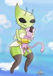 antennae_(anatomy) anthro big_breasts breasts clothing duo face_in_breasts female green_body hat headgear headwear hug male pink_body arturfox nintendo pokemon celebi generation_1_pokemon generation_2_pokemon legendary_pokemon mew_(pokemon) pokemon_(species) hi_res