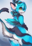 ambiguous_gender anthro blue_body blue_fur butt fur kemono looking_at_viewer open_mouth smile solo standing tail rady-wolf mythology rufen domestic_cat dragon felid feline felis mammal mythological_creature mythological_scalie scalie