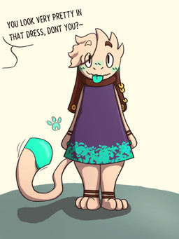 ambiguous_gender anthro clothed clothing dress fur offscreen_character solo speech_bubble tail tan_body tan_fur text speckostardust nintendo pokemon speck_(speckostardust) generation_2_pokemon pokemon_(species) smeargle 3:4 absurd_res english_text hi_res nonbinary_(lore)