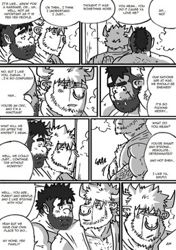dialogue hairy hug male piercing text husky92 european_mythology greek_mythology mythology bovid bovine human humanoid mammal minotaur orc comic english_text hi_res monochrome multiple_scenes