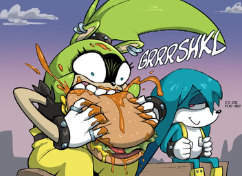 anthro blue_eyes blue_hair burger duo eating female floppy_ears food green_hair hair male messy_eating pink_eyes sharp_teeth teeth text eliphusz idw_publishing sega sonic_the_hedgehog_(comics) sonic_the_hedgehog_(idw) sonic_the_hedgehog_(series) kitsunami_the_fennec surge_the_tenrec afrosoricid canid canine canis domestic_dog fennec_fox fox hybrid mammal tenrec true_fox english_text hi_res