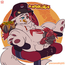 anthro balls belly big_balls big_penis blue_eyes bodily_fluids clothing eating erection food fur gaming_chair genital_fluids genitals hat hat_only headgear headgear_only headwear headwear_only heterochromia hot_dog male masturbation mostly_nude multicolored_body multicolored_fur pawpads paws penile penile_masturbation penis precum red_body red_eyes red_fur simple_background solo two_tone_body two_tone_fur white_body white_fur puggy nintendo pokemon fan_character generation_3_pokemon pokemon_(species) zangoose 1:1 hi_res nonbinary_(lore)