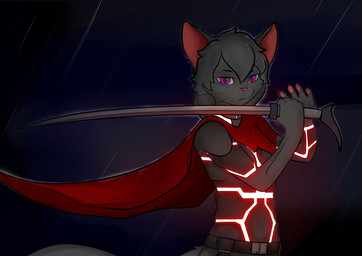 anthro armor black_body black_fur black_hair cape clothing dark female fur glowing hair melee_weapon pupils purple_eyes raining red_cape red_clothing red_nose slit_pupils solo sword tail warrior weapon wet whiskers cdt2s snowflake_(cdt2s) felid feline mammal