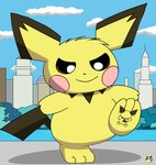 ambiguous_gender duo extreme_size_difference feral fur generation_2_pokemon nintendo pichu pichu90 pichu_big pichu_little pokemon pokemon_(species) size_difference slightly_chubby slightly_chubby_feral stuck_to_foot tail yellow_body yellow_fur