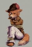 anthro bdsm bodily_fluids bondage bound clothing coat eyes_closed hat headgear headwear male omorashi open_mouth simple_background solo submissive submissive_male tail tears topwear miri sherlock_hound_(series) sherlock_hound canid canine canis domestic_dog mammal hi_res