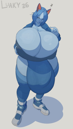 breasts bulge cleavage clothed clothing female hyper intersex luaky domestic_cat felid feline felis humanoid mammal absurd_res hi_res