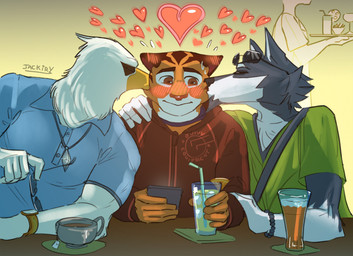 anthro beak beverage blush cellphone clock clothing container cup drinking_glass electronics eyes_closed eyewear eyewear_on_head feathers fur glass glass_container glass_cup group group_kissing holding_cellphone holding_container holding_object holding_phone holding_smartphone hoodie kissing kissing_cheek male male/male mug phone polyamory shirt sitting smartphone sunglasses sunglasses_on_head topwear trio watch wristwatch jackiry glue_studios rimba_racer axle_(rimba_racer) pike_(rimba_racer) tag_(rimba_racer) accipitrid accipitriform avian bird canid canine canis eagle felid mammal pantherine tiger wolf digital_media_(artwork) hi_res