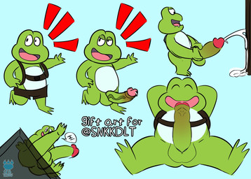 anthro balls big_penis blue_background bodily_fluids butt chibi cum erection eyes_closed genital_fluids genitals green_body humanoid_genitalia humanoid_penis male penis simple_background sitting solo grolarbearsins amphibian frog 2020 absurd_res hi_res