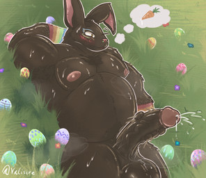 anthro armpit_hair armwear balls belly big_balls big_belly big_ears big_penis bodily_fluids body_hair brown_balls brown_body brown_penis carrot chest_tuft clothing cum easter_egg ejaculation erection facial_piercing flower food genital_fluids genitals glistening glistening_body grass hand_behind_head hand_on_penis holidays lying lying_on_ground makeup male masturbation muscular nipples nose_piercing nude nude_male on_back on_ground open_mouth overweight overweight_male penis piercing pink_nipples plant pubes solo steam sweat thought_bubble tuft vegetable vein veiny_penis valisire easter easter_bunny lagomorph leporid mammal rabbit 2025 digital_media_(artwork) hi_res