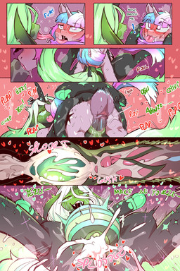 balls black_body blep blush blushing_profusely bodily_fluids butt cum cum_in_vagina cum_inflation cum_inside cutie_mark dialogue duo egg exclamation_point eyelashes fangs female female_penetrated feral french_kissing from_front_position genital_fluids genitals green_eyes green_hair green_markings gynomorph gynomorph/female gynomorph_penetrating gynomorph_penetrating_female hair heart_symbol high_heeled_feet hole_(anatomy) horn impregnation_request inflation internal intersex intersex/female intersex_penetrating intersex_penetrating_female kissing looking_pleasured lying markings missionary_position on_back onomatopoeia penetration penile penile_penetration penis pupils purple_body purple_eyes purple_hair quadruped sex smile sound_effects star_(marking) tail teeth text thick_thighs tongue tongue_out vaginal vaginal_penetration cold-blooded-twilight friendship_is_magic hasbro my_little_pony mythology queen_chrysalis_(mlp) twilight_sparkle_(mlp) arthropod changeling equid equine mammal mythological_creature mythological_equine unicorn 2:3 comic english_text hi_res