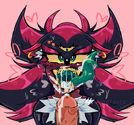 3_eyes ahegao anthro black_body black_fur blush bodily_fluids breath brown_body brown_fur brown_skin chest_tuft cum cum_in_mouth cum_inside drooling duo ear_piercing ejaculation eyebrow_piercing eyelashes eyeliner facial_piercing fangs forked_tongue fur genital_fluids genitals gold_(metal) gold_jewelry green_eyes green_insides heart_symbol jewelry lip_piercing looking_pleasured makeup male male/male multi_eye open_mouth oral penis piercing red_body red_fur saliva shadow sharp_teeth simple_background spikes sweat tan_penis teeth tongue tongue_out tuft uvula white_body white_fur zzcarnotauro sega sonic_the_hedgehog_(series) shadow_the_hedgehog alien eulipotyphlan hedgehog hybrid mammal