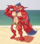 2021 4_toes absurd_res aged_up anthro beach big_biceps big_bulge big_pecs big_tail blue_body blue_fur blue_markings blue_nipples blue_pubes blue_tail bottomwear bristol bulge cheek_tuft clothed clothing colored day digitigrade dipstick_tail facial_tuft feet flexing flexing_bicep fluffy fluffy_tail front_view fur gnar_(lol) hi_res huge_bulge league_of_legends looking_at_viewer male mammal manly markings mega_gnar_(lol) multicolored_tail muscular muscular_male muscular_thighs nipples obliques open_mouth open_smile outside pecs pose pubes public purple_nose quads red_body red_fur red_tail riot_games sea seaside serratus shaded sky smile solo speedo swimwear tail tail_markings tencent toes topless topless_male tuft two_tone_tail water white_bottomwear white_clothing white_speedo white_swimwear yellow_eyes yordle