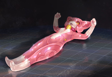 4_fingers after_transformation anthro breasts collar featureless_breasts featureless_crotch featureless_feet feet female fingers floor glistening glistening_body inanimate_transformation lying machine on_back on_ground open_mouth pawpads pink_body pupils raised_arms slit_pupils small_breasts solo tile tile_floor transformation yellow_eyes tetetor-oort chocolat_(tetetor-oort) domestic_cat felid feline felis mammal petroid robot absurd_res hi_res