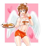 blush bottomwear brown_hair bulge clothing feathered_wings feathers femboy food fries hair heart_symbol light_body light_skin male navel not_furry open_mouth open_smile shorts simple_background smile solo wings soft_sizzle hooters kid_icarus nintendo pit_(kid_icarus) angel humanoid 2020 hi_res