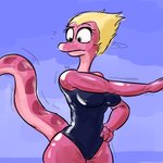 anthro clothing female hand_on_hip looking_back looking_down one-piece_swimsuit red_body red_skin solo swimwear thedarkzircon amphibia_(series) disney general_yunan amphibian newt salamander 1:1 2020 hi_res