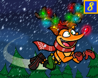 anthro antlers arms_bent bell_belt belt black_belt black_boots black_clothing black_footwear boots bottomwear brown_antlers brown_eyebrows brown_inner_ear christmas_decorations christmas_lights clothing cloud evergreen_tree eyebrows fangs flying footwear forest fur glowing glowing_nose green_bottomwear green_clothing green_eyes green_pants hair handwear happy holidays horn male male_anthro mittens multicolored_body multicolored_fur navel number open_mouth open_smile orange_body orange_fur outside pants pine_tree pink_tongue plant red_clothing red_hair red_handwear red_mittens red_nose red_scarf scarf shirtless_anthro shirtless_male shoes short_hair smile snow snowing solo sparkles string_lights tan_body tan_fur teeth text_box thick_eyebrows tongue tree two_tone_body two_tone_fur winter captainquack64 activision christmas crash_bandicoot_(series) crash_bandicoot bandicoot mammal marsupial 2023 colored hi_res