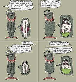 anthro biofuel_digestion dialogue digestion_sequence digestive_fluids exhibitionism female genitals internal machine melting nude_anthro offscreen_character reformation solo text vore vulva willing_prey trinitite sophie_(narcissistnaru) lagomorph mammal comic english_text hi_res