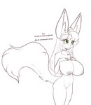 anthro areola big_breasts big_ears breasts chest_tuft choker dialogue eyebrows eyelashes female green_eyes hair hand_on_chest huge_breasts inner_ear_fluff jewelry necklace nipples nude solo text tuft scorpdk telethia_(scorpdk) canid canine fennec_fox fox mammal true_fox 2024 absurd_res english_text hi_res spot_color