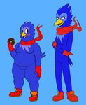 anthro beak black_eyes blue_background blue_body blue_feather_hair blue_feathers blue_hair blue_tail blue_tail_feathers blush boots clothing dessert doughnut duo feather_hair feathers featureless_crotch food footwear front_view gloves hair half-closed_eyes hand_on_arm hand_on_leg hand_on_own_arm hand_on_own_leg handwear holding_doughnut holding_food holding_object looking_at_another male moobs multicolored_body multicolored_boots multicolored_clothing multicolored_feathers multicolored_footwear multicolored_shoes narrowed_eyes orange_boots orange_clothing orange_footwear orange_shoes orange_sneakers pastry pose pseudo_hair red_clothing red_footwear red_gloves red_handwear red_scarf red_shoes red_sneakers scarf shoes simple_background slightly_chubby sneakers standing tail tail_feathers thick_thighs tongue two_tone_body two_tone_boots two_tone_clothing two_tone_feathers two_tone_footwear two_tone_shoes two_tone_sneakers yellow_beak roccorox alph_(roccorox) bett_(roccorox) avian bird 2018 digital_media_(artwork) hi_res brother_(lore) brothers_(lore) sibling_(lore)