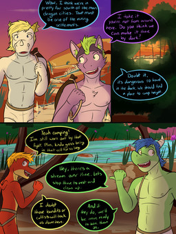 anthro blonde_hair blue_hair briefs briefs_only clothed clothing dialogue green_hair group hair jockstrap jockstrap_only male navel nipples outside plant purple_body river sunset text topless tree underwear underwear_only white_body fuze mythology barius_(fuze) mangle_(fuze) rail_felflame_(fuze) snort_(fuze) dragon mythological_creature mythological_scalie scalie 3:4 comic english_text hi_res multiple_scenes