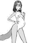 anthro breasts clock collar eyewear female genitals glasses looking_at_viewer navel nipples pregnant pussy simple_background solo watch white_background wristwatch wolfinasuit illumination_entertainment sing_(movie) suki_lane canid canine canis domestic_dog hunting_dog mammal saluki sighthound 2023 absurd_res greyscale hi_res monochrome