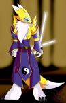 ambiguous_gender anthro belt black_sclera blue_eyes claws clothing dual_wielding fur holding_object holding_weapon jedi lightsaber melee_weapon reverse_grip simple_background solo weapon white_body white_fur white_lightsaber yellow_body yellow_fur coderenard bandai_namco digimon star_wars canid canine digimon_(species) mammal renamon absurd_res hi_res