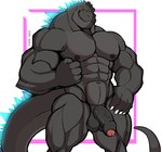 abs anthro balls big_muscles black_body foreskin genitals glowing glowing_spikes humanoid_genitalia humanoid_penis male muscular muscular_anthro muscular_male nipples non-mammal_balls non-mammal_nipples nude penis simple_background smile solo spikes spikes_(anatomy) tail darknaigart godzilla_(series) toho godzilla kaiju 2022 absurd_res digital_media_(artwork) hi_res