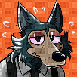 anthro black_nose clothing fur grey_body grey_fur looking_at_viewer male orange_background pattern_background pink_eyes simple_background solo worried boy_squashy beastars legoshi_(beastars) canid canine canis mammal wolf 1:1 screentone