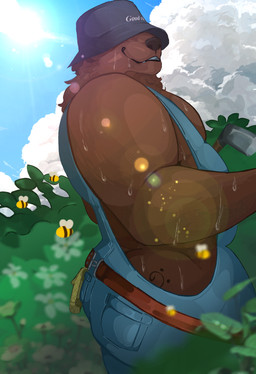 anthro belt bodily_fluids bucket_hat butt butt_tattoo clothing f_clef flower gardening handkerchief hat headgear headwear kerchief male muscular musical_clef musical_symbol obscured_eyes overalls overalls_only plant slightly_chubby smile smiling_at_viewer solo sweat sweaty_butt symbol tattoo teasing teasing_viewer siralduyyn benny_(bennyafterdark) arthropod bear bee hymenopteran insect mammal absurd_res hi_res