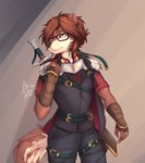 anthro armor belt brown_hair clothed clothing eyewear fist glasses hair hand_on_chest light_armor looking_away male melee_weapon multiple_belts solo sword sword_on_back weapon weapon_on_back fejess96 chris_sanka_(fejess96) bear canid canine canis domestic_dog hybrid mammal absurd_res hi_res