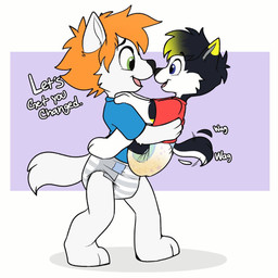 anthro black_body black_fur black_hair blue_clothing blue_eyes blue_shirt blue_topwear bodily_fluids carrying_another carrying_baby clothed clothing dialogue diaper dipstick_ears dipstick_hair duo ear_markings eye_contact fur genital_fluids green_eyes hair looking_at_another male markings multicolored_body multicolored_ears multicolored_fur neonate nuzzling open_mouth open_smile orange_hair pantsless red_clothing red_shirt red_topwear sagging_diaper shirt side_view smile soiled_diaper tail tail_motion tailwag toddler tongue topwear two_tone_body two_tone_fur unclean_diaper urine used_diaper walking wet_diaper white_body white_fur young baltnwolf rebel_(s_c_rebel) snackie canid canine canis domestic_dog husky mammal nordic_sled_dog spitz wolf 1:1 hi_res